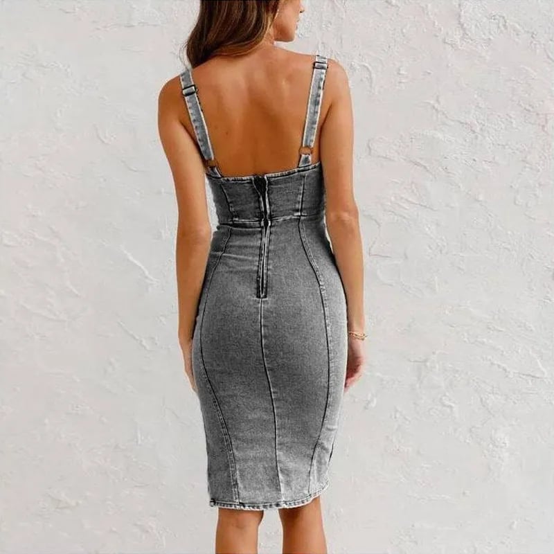 ๐HOT SALE 49% OFF ๐ Adjustable strap U-neck split denim bodycon cami dress