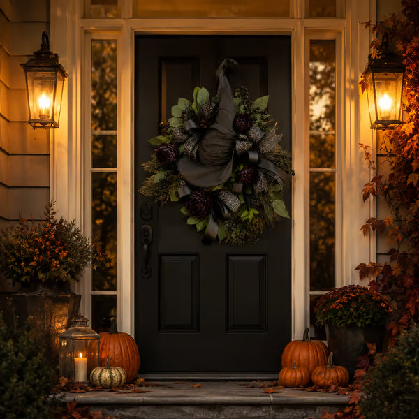 🧙Premium Gothic Black Rose Witch Hat Wreath – Haunting Elegant Halloween Front Door Statement Decor