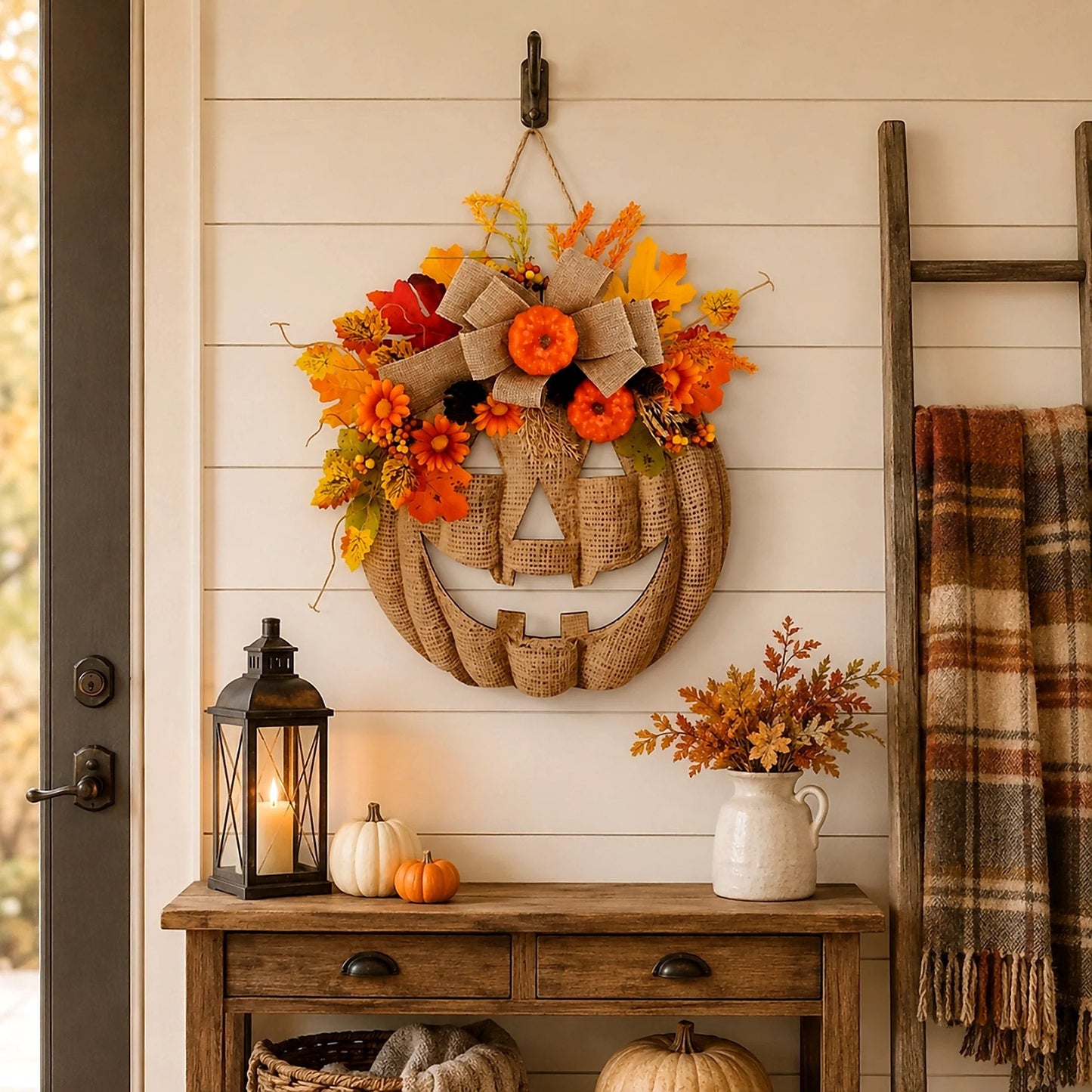 đâš Lighted Burlap Pumpkin Wreath