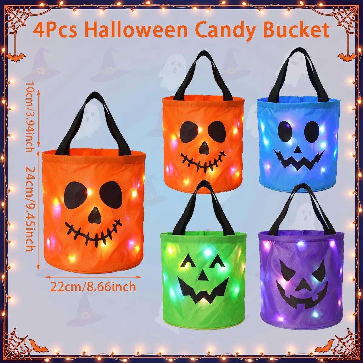 👻 Glow-in-the-Dark Halloween LED Candy Basket Bags🎃5 Pack Pumpkin Trick or Treat Bags with Glow Lights for Kids, Parties & Halloween Decorations