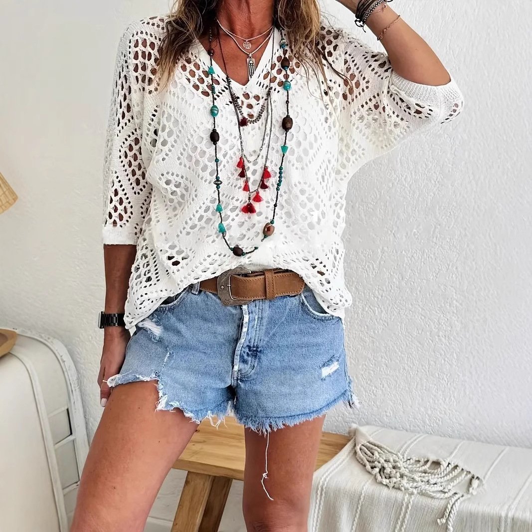 ? Handmade Crochet V‐Neck Boho Top | Apricot Summer Essential