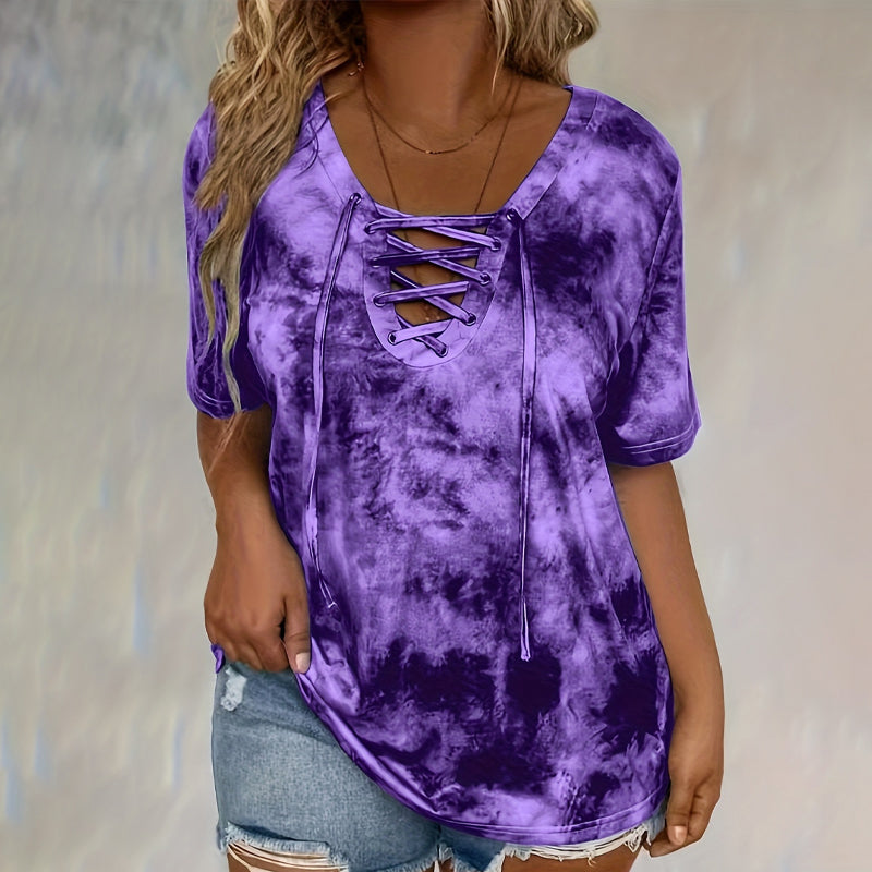 ð Women's Tie-Dye T-Shirt â Lace-Up V-Neck, 4 Colors, S-5XL ð