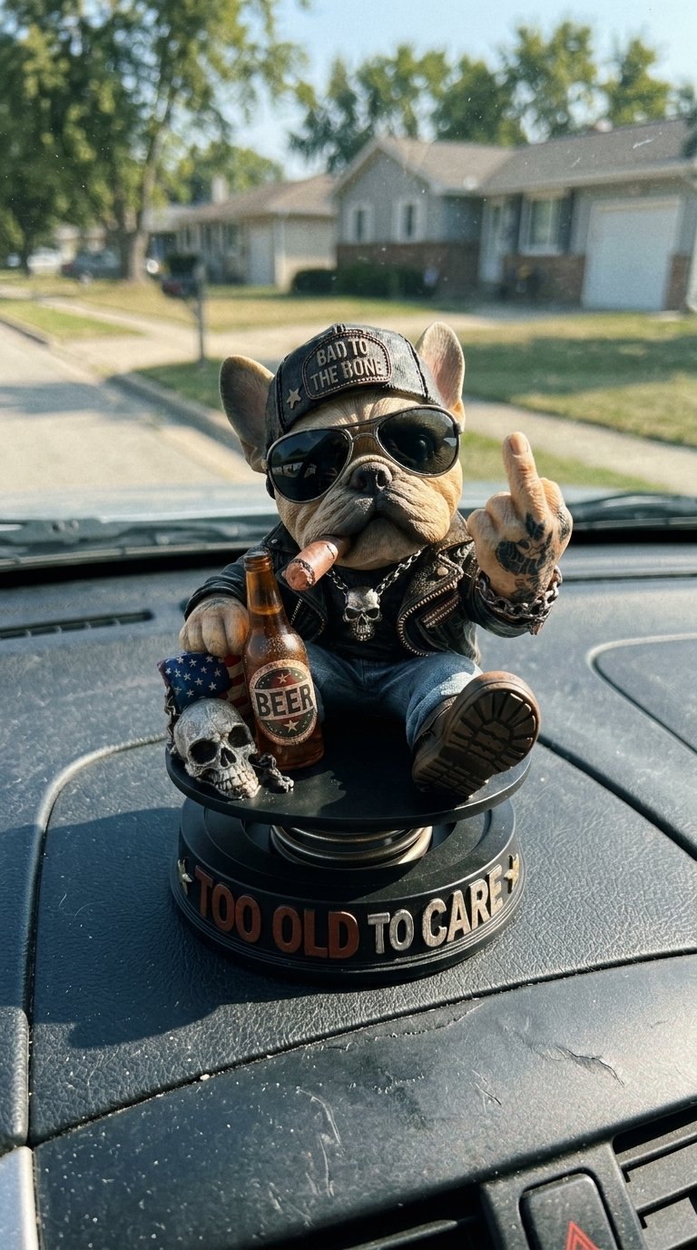 "Too Old To Care" Hardcore Frenchie Dashboard Bobblehead😎 - Rebellious Middle Finger Bulldog Car Decor