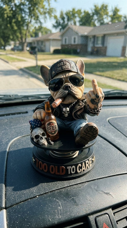 "Too Old To Care" Hardcore Frenchie Dashboard Bobblehead😎 - Rebellious Middle Finger Bulldog Car Decor