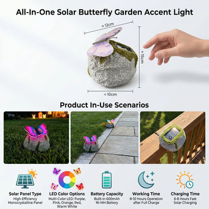 🦋 Solar Butterfly Stone Garden Light, Waterproof LED Glowing Landscape Rock Lamp, Auto On/Off Outdoor Resin Decor for Yard, Lawn, Pathway, Patio & Porch, Perfect Garden Gift