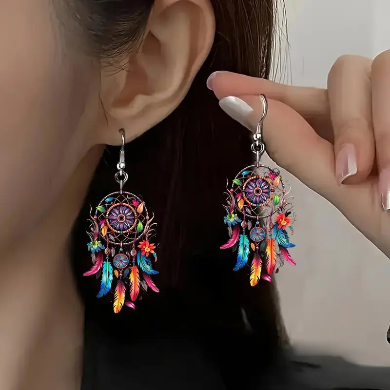 🌙 Boho Dreamcatcher Feather Earrings