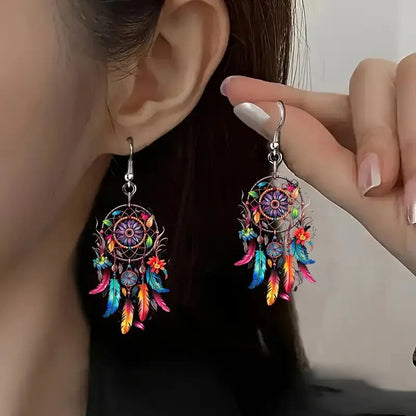 🌙 Boho Dreamcatcher Feather Earrings