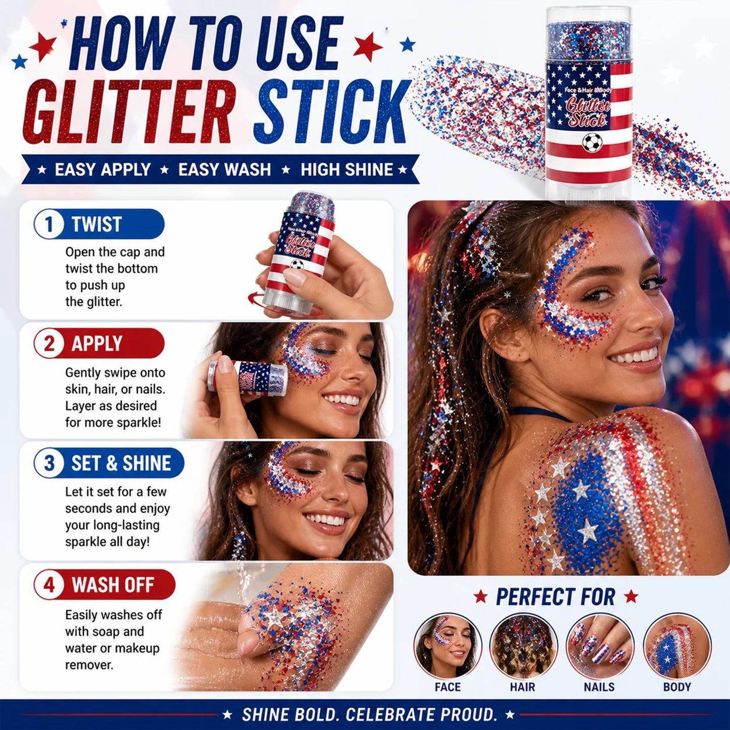 🦅4th of July Glitter Stick✨🔔Red, White & Blue Body & Hair Sparkle