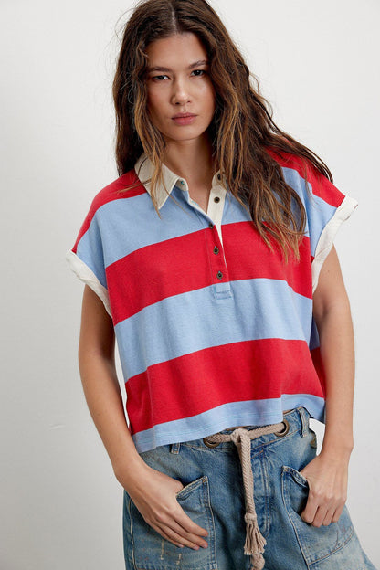 Women's Summer Striped Polo Shirt – Casual Loose Short Sleeve Top