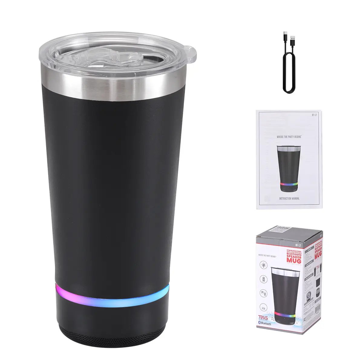 Stainless Steel 16.oz Nsulated MUG With Built-in Bluetooth Speaker Rechargeable Wireless Multi-color LED Lights Prefect Gift