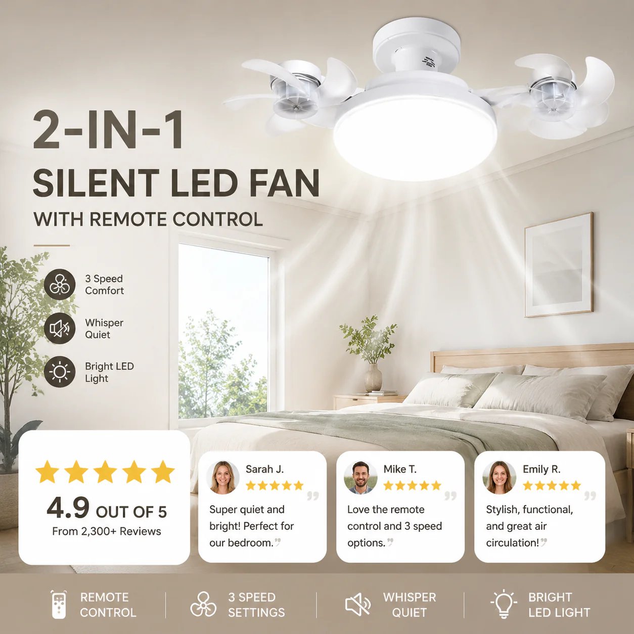 🌀E26/E27 Socket Ceiling Fan Light – 2-in-1 LED Light & Quiet Fan with Remote Control