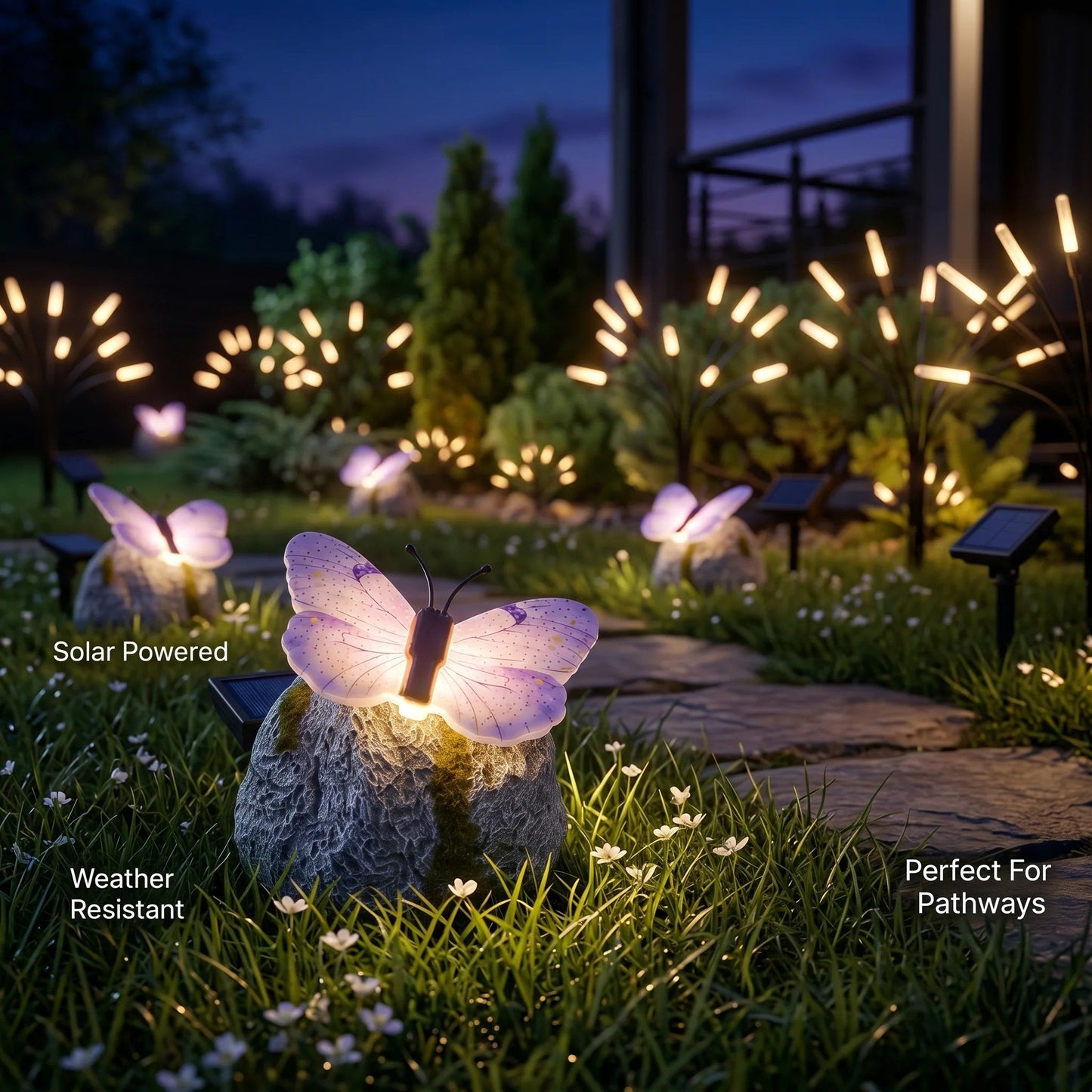 🦋 Solar Butterfly Stone Garden Light, Waterproof LED Glowing Landscape Rock Lamp, Auto On/Off Outdoor Resin Decor for Yard, Lawn, Pathway, Patio & Porch, Perfect Garden Gift