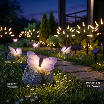 🦋 Solar Butterfly Stone Garden Light, Waterproof LED Glowing Landscape Rock Lamp, Auto On/Off Outdoor Resin Decor for Yard, Lawn, Pathway, Patio & Porch, Perfect Garden Gift