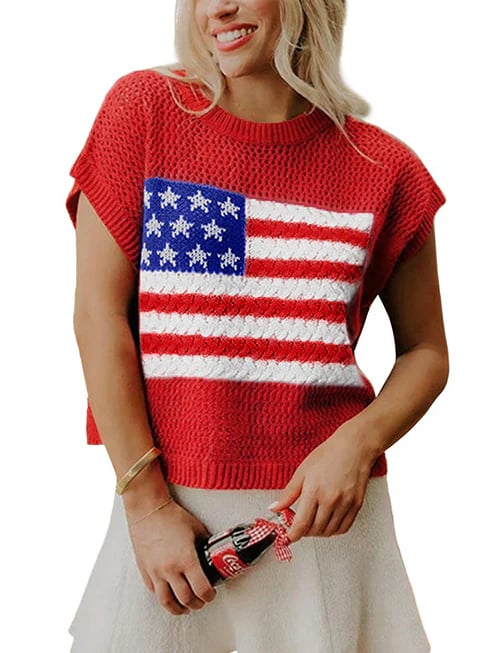 🔥Limited time sale🔥Women's Flag Graphic Hollow Out Short Sleeve Top