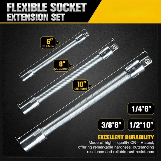 Flexible Socket Extension Bar Set – Bendable Ratchet Wrench Extensions for Tight Spaces, CR-V Steel Automotive Repair Tool Kit