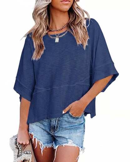 Panel Solid Color Flared Sleeve T-Shirt