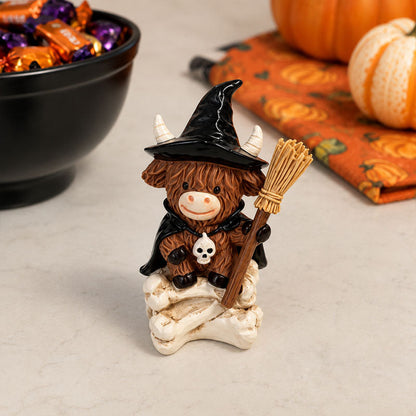 Halloween Highland Cow Witch Ornament – Spooky-Cute Tabletop Decor for Mantel, Shelf & Candy Station