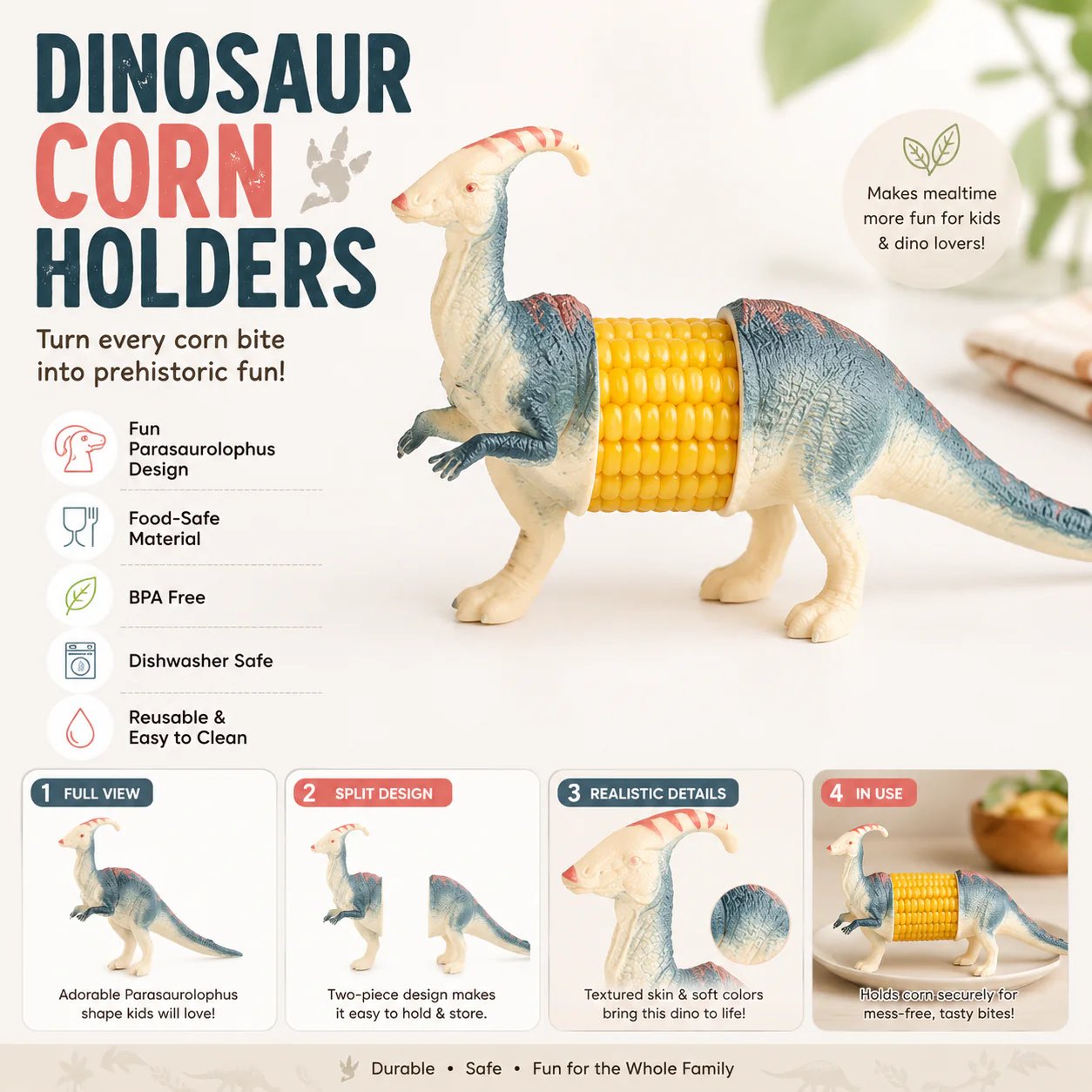 🔥Last Day 49% OFF - 🦖 Cute Dinosaur Corn Holders – Fun Stainless Steel BBQ Kitchen Gadget Set