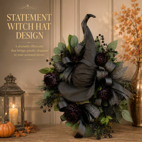 🧙Premium Gothic Black Rose Witch Hat Wreath – Haunting Elegant Halloween Front Door Statement Decor