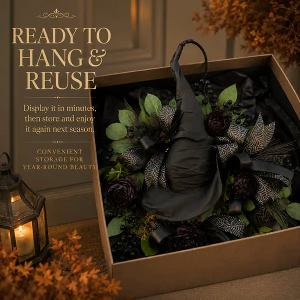 🧙Premium Gothic Black Rose Witch Hat Wreath – Haunting Elegant Halloween Front Door Statement Decor