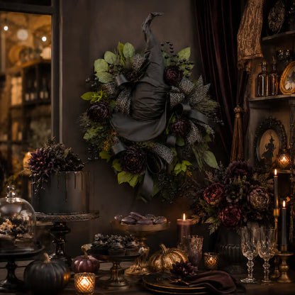 🧙Premium Gothic Black Rose Witch Hat Wreath – Haunting Elegant Halloween Front Door Statement Decor
