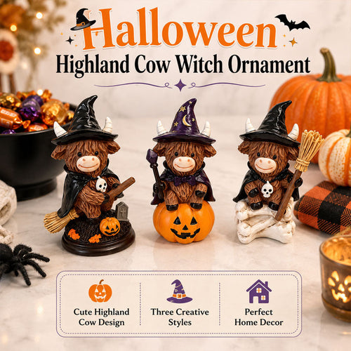Halloween Highland Cow Witch Ornament – Spooky-Cute Tabletop Decor for Mantel, Shelf & Candy Station