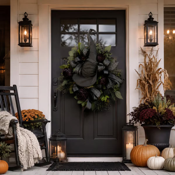 🧙Premium Gothic Black Rose Witch Hat Wreath – Haunting Elegant Halloween Front Door Statement Decor