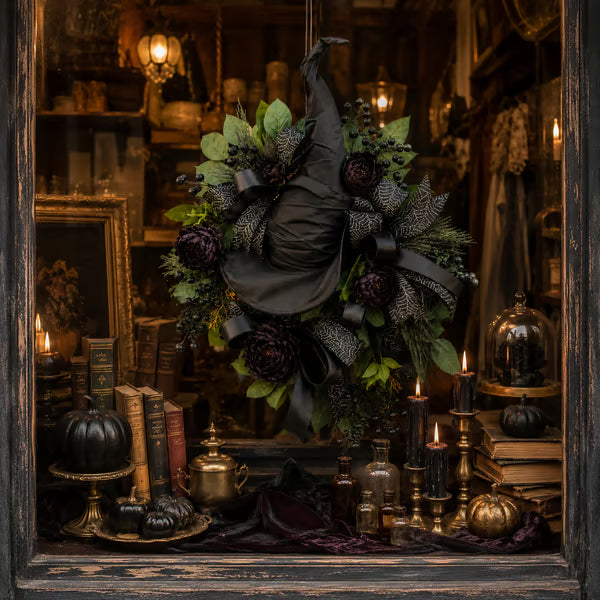 🧙Premium Gothic Black Rose Witch Hat Wreath – Haunting Elegant Halloween Front Door Statement Decor