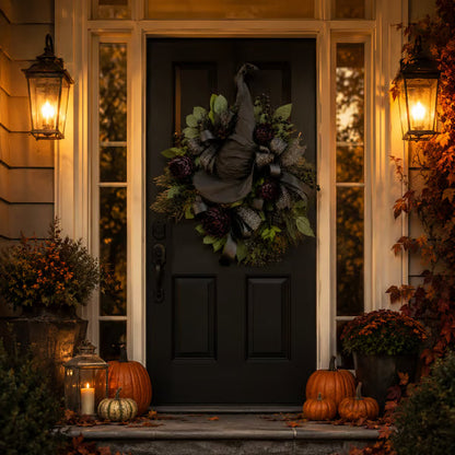 🧙Premium Gothic Black Rose Witch Hat Wreath – Haunting Elegant Halloween Front Door Statement Decor