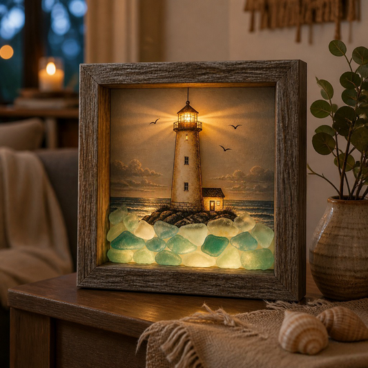 Coastal Lighthouse Sea Glass Shadow Box Night Light