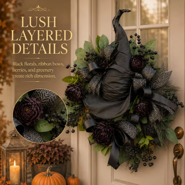 🧙Premium Gothic Black Rose Witch Hat Wreath – Haunting Elegant Halloween Front Door Statement Decor