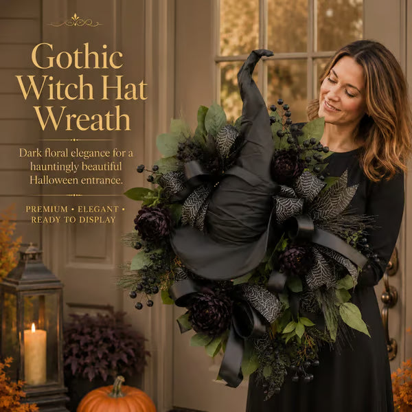 🧙Premium Gothic Black Rose Witch Hat Wreath – Haunting Elegant Halloween Front Door Statement Decor