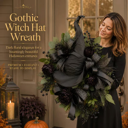 🧙Premium Gothic Black Rose Witch Hat Wreath – Haunting Elegant Halloween Front Door Statement Decor