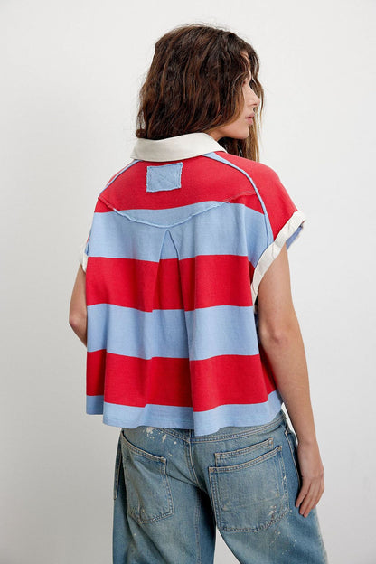 Women's Summer Striped Polo Shirt – Casual Loose Short Sleeve Top