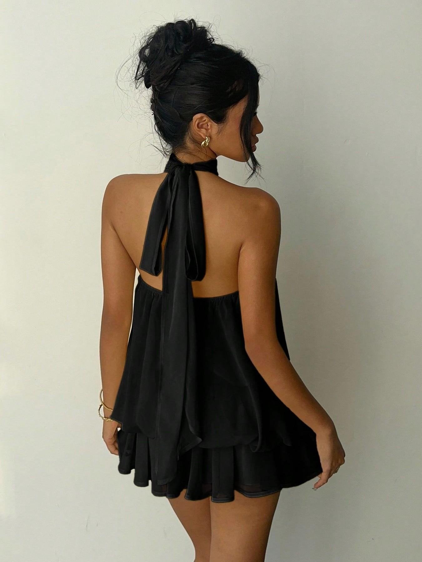 👗 Women's Backless Halter Mini Dress Jumpsuit – Elegant Ruffle Lace Up Romper with Fitted Silhouette for Casual & Fashion Wear