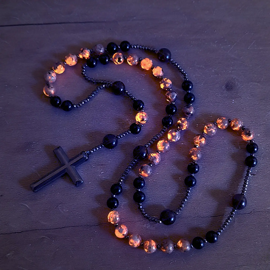 Natural Obsidian Yooperlite RosaryNecklace, UV Reactive EnergyProtection Healing Crystal