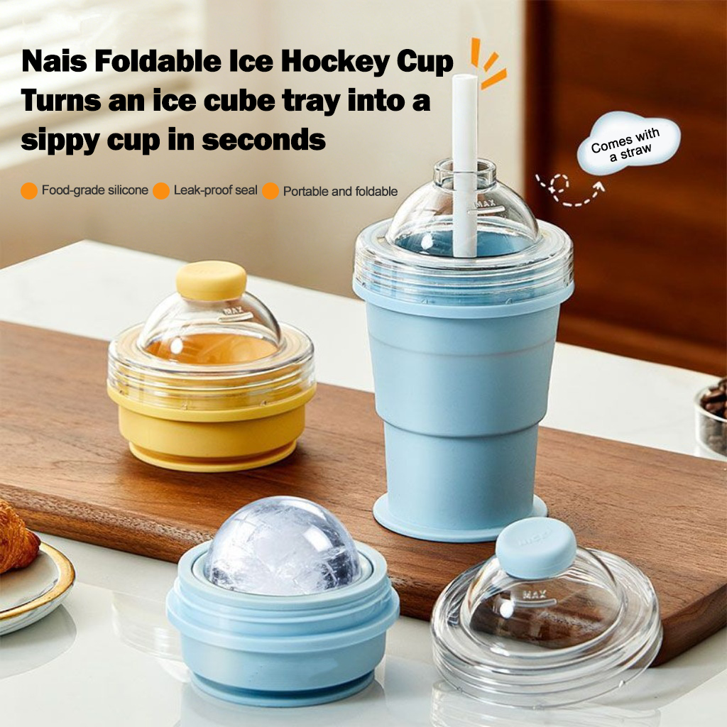 🧊Portable Folding Ice Hockey Cup, Creative Silicone Food Grade Ice Cup Mold With Straw, Handy Cup For Summer Outings.