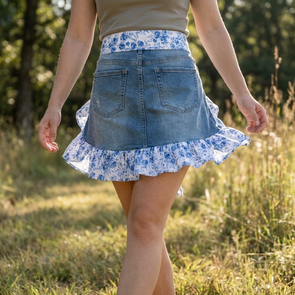 👖 Denim Echo Ruffle Apron – Upcycled Vintage Jean with Floral Lace 🌸 Sustainable Kitchen & Gardening Gift 🧑‍🌾♻️