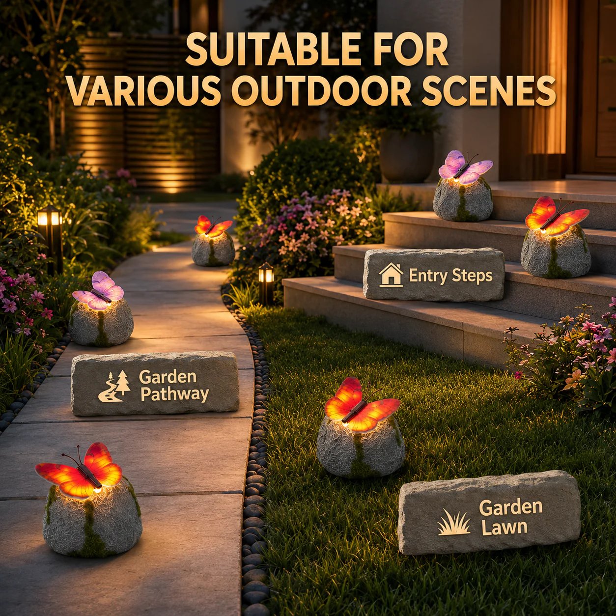 🦋 Solar Butterfly Stone Garden Light, Waterproof LED Glowing Landscape Rock Lamp, Auto On/Off Outdoor Resin Decor for Yard, Lawn, Pathway, Patio & Porch, Perfect Garden Gift