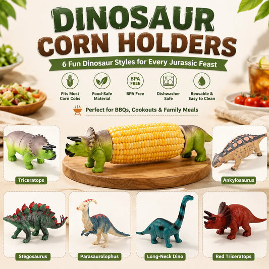 🔥Last Day 49% OFF - 🦖 Cute Dinosaur Corn Holders – Fun Stainless Steel BBQ Kitchen Gadget Set