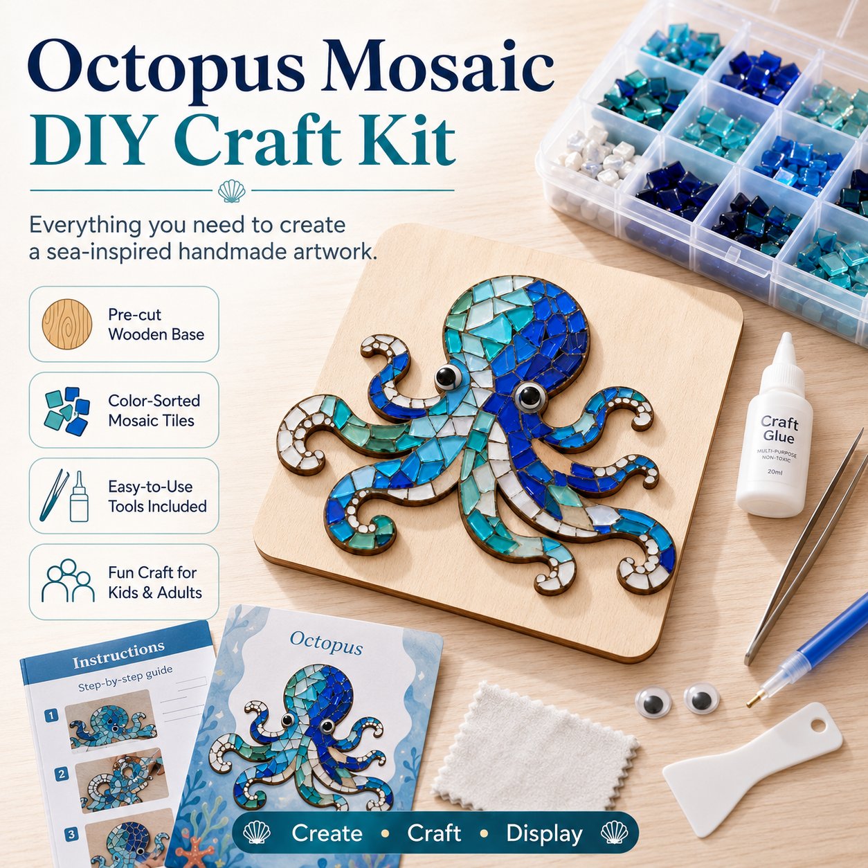 🔥 LAST DAY 49% OFF – 🌊 Octopus Mosaic Kit | Beginner-Friendly DIY Glass Craft with Step-by-Step Instructions