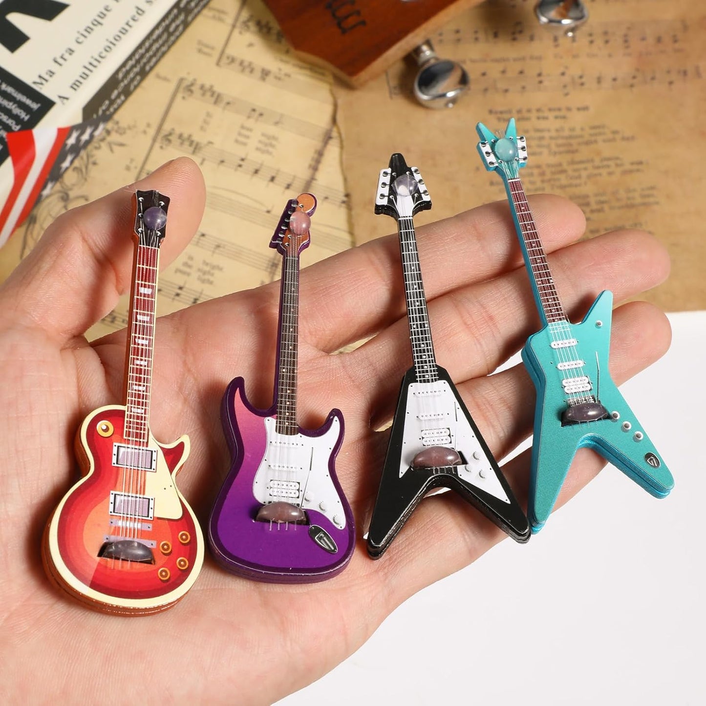 4Pcs Wooden Miniature Electric Guitar-Miniature Bass Guitar Model