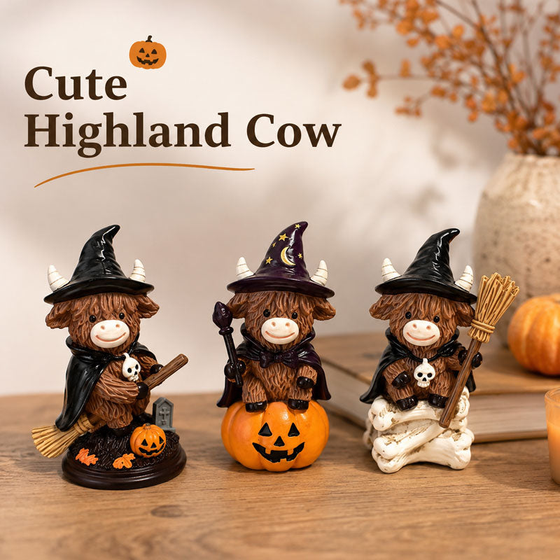 Halloween Highland Cow Witch Ornament – Spooky-Cute Tabletop Decor for Mantel, Shelf & Candy Station
