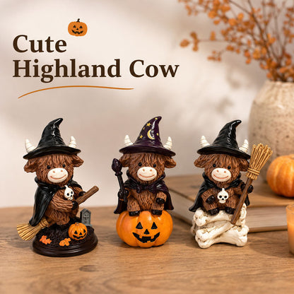 Halloween Highland Cow Witch Ornament – Spooky-Cute Tabletop Decor for Mantel, Shelf & Candy Station