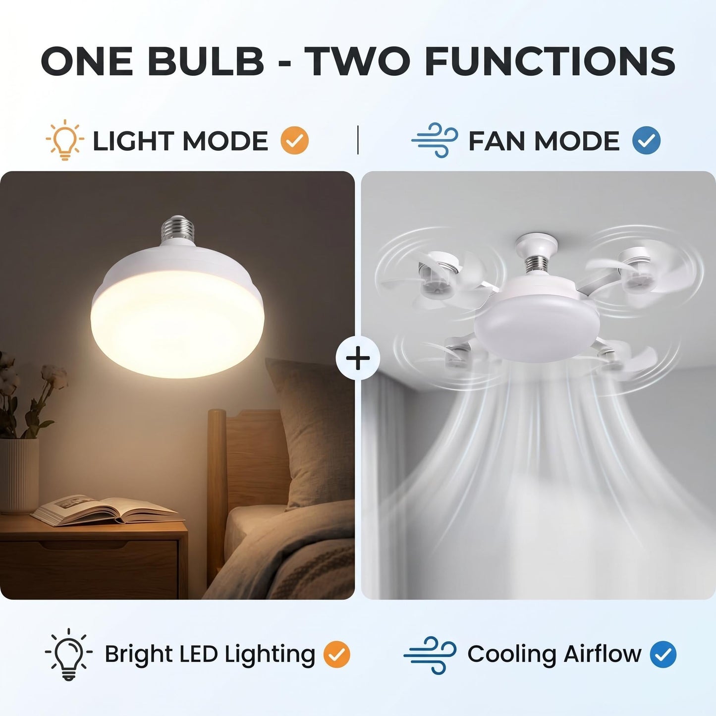 🌀E26/E27 Socket Ceiling Fan Light – 2-in-1 LED Light & Quiet Fan with Remote Control