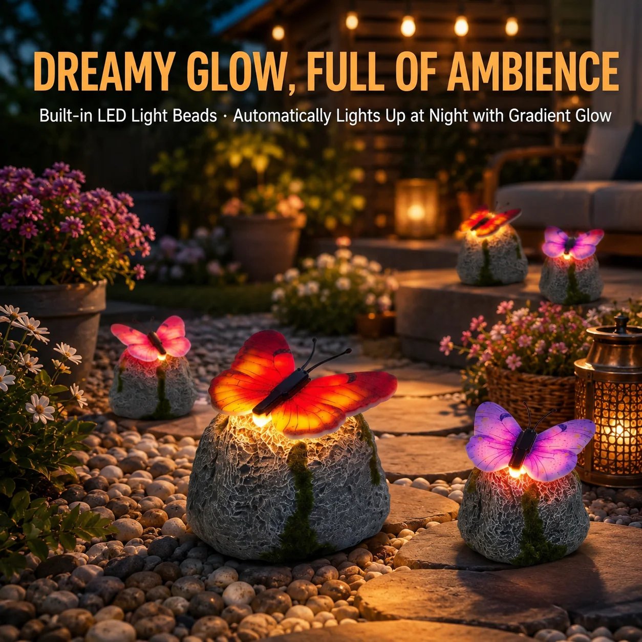 🦋 Solar Butterfly Stone Garden Light, Waterproof LED Glowing Landscape Rock Lamp, Auto On/Off Outdoor Resin Decor for Yard, Lawn, Pathway, Patio & Porch, Perfect Garden Gift