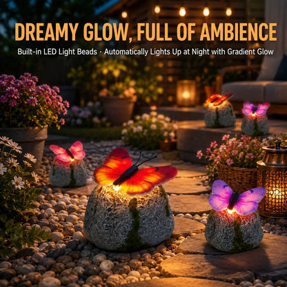 🦋 Solar Butterfly Stone Garden Light, Waterproof LED Glowing Landscape Rock Lamp, Auto On/Off Outdoor Resin Decor for Yard, Lawn, Pathway, Patio & Porch, Perfect Garden Gift