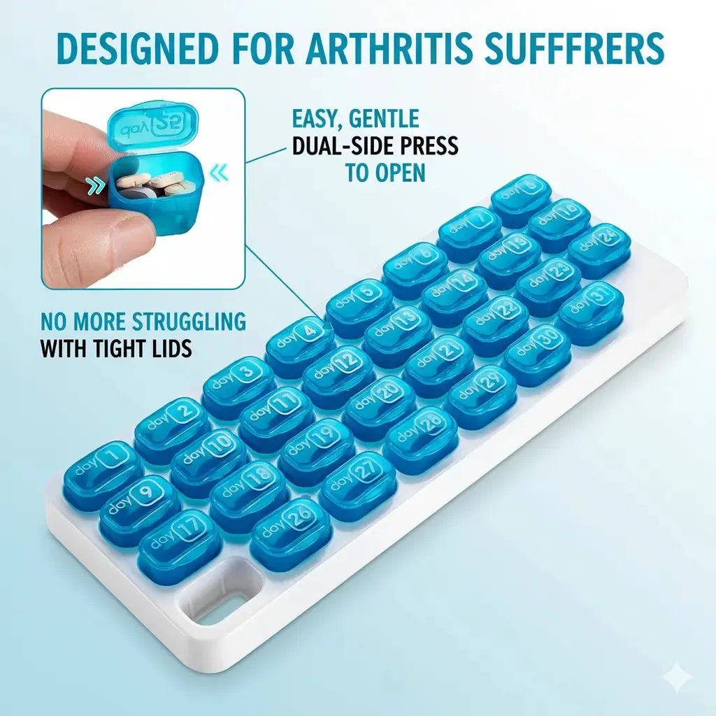 🔥✨Monthly Pill Organizer with Lid - Arthritis-Friendly Easy-Open Lids 31 Removable Daily Pill Pods Date Reminder & Travel Case for Vitamins & Medications
