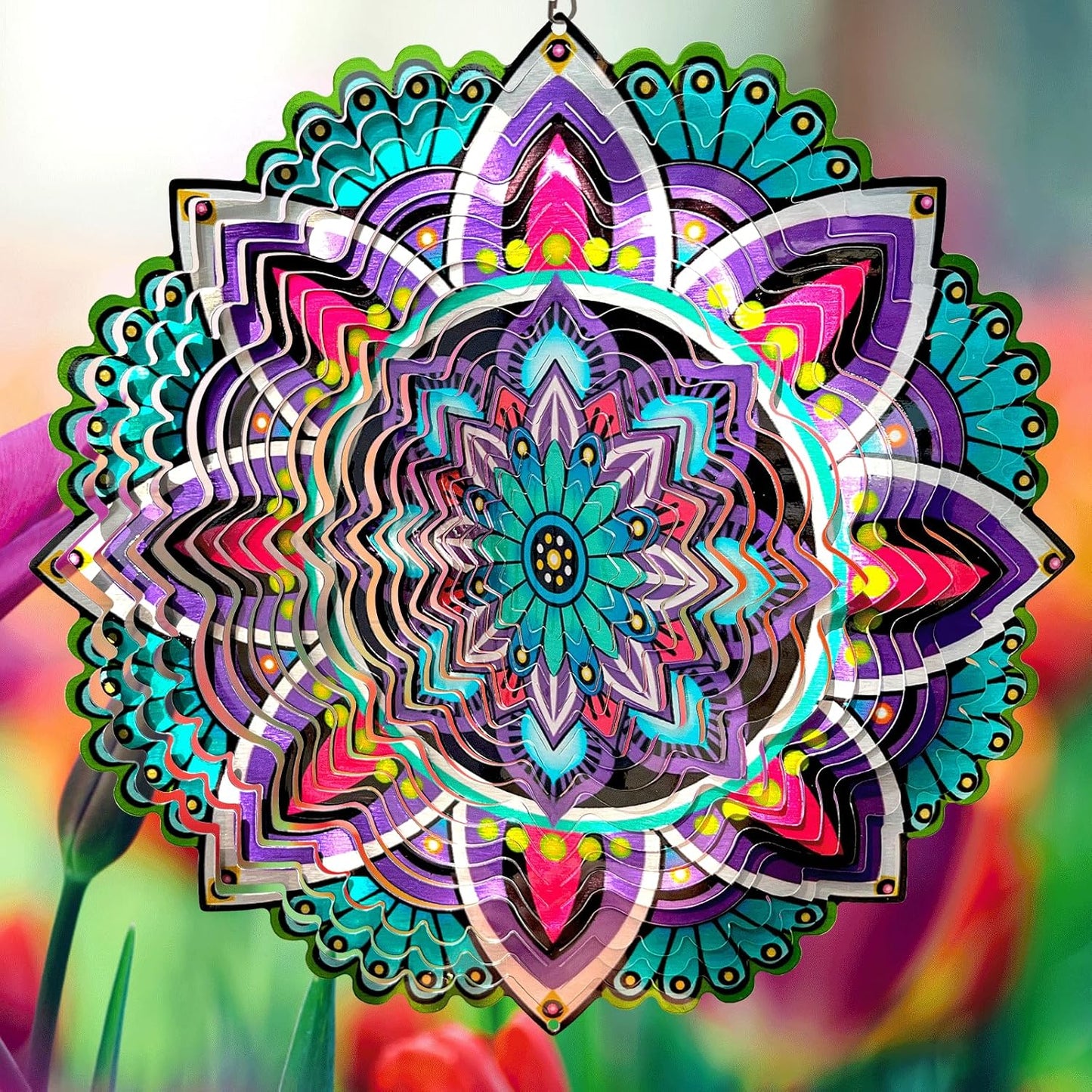 Dailyard Wind Spinner Mandala Jasmine, 12Inch Laser Cut Stainless Steel Wind Spinners, 3D Hanging Wind Sculptures for Yard and Garden Decoration Outdoor Decor Ornament, Mandala Gifts for Women Men