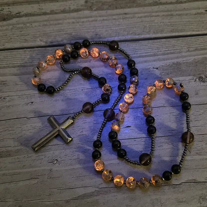 Natural Obsidian Yooperlite RosaryNecklace, UV Reactive EnergyProtection Healing Crystal
